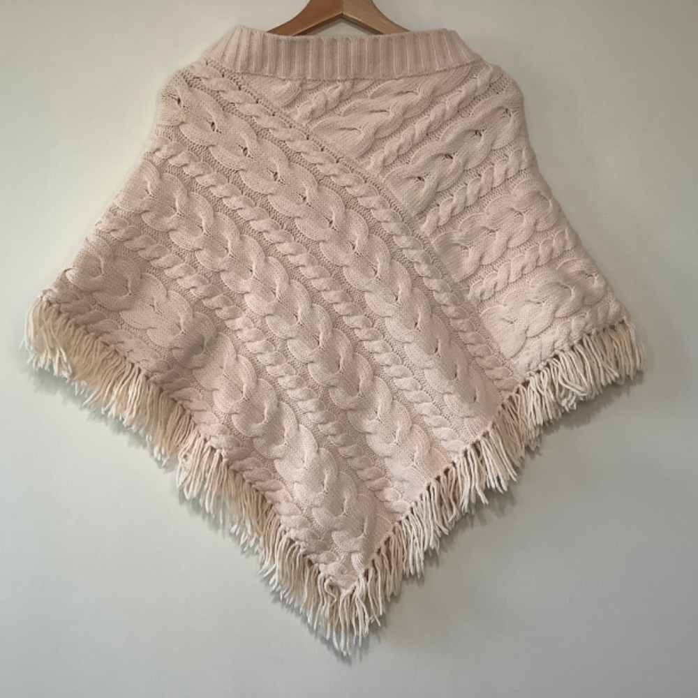 Banana Republic Wool Cape Poncho Cable Knit Fringe V Neck Triangle Ivory Pink - Picture 4 of 7